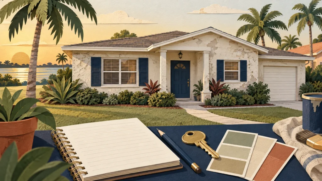 Illustration of an older Florida house with a repair notebook and house key