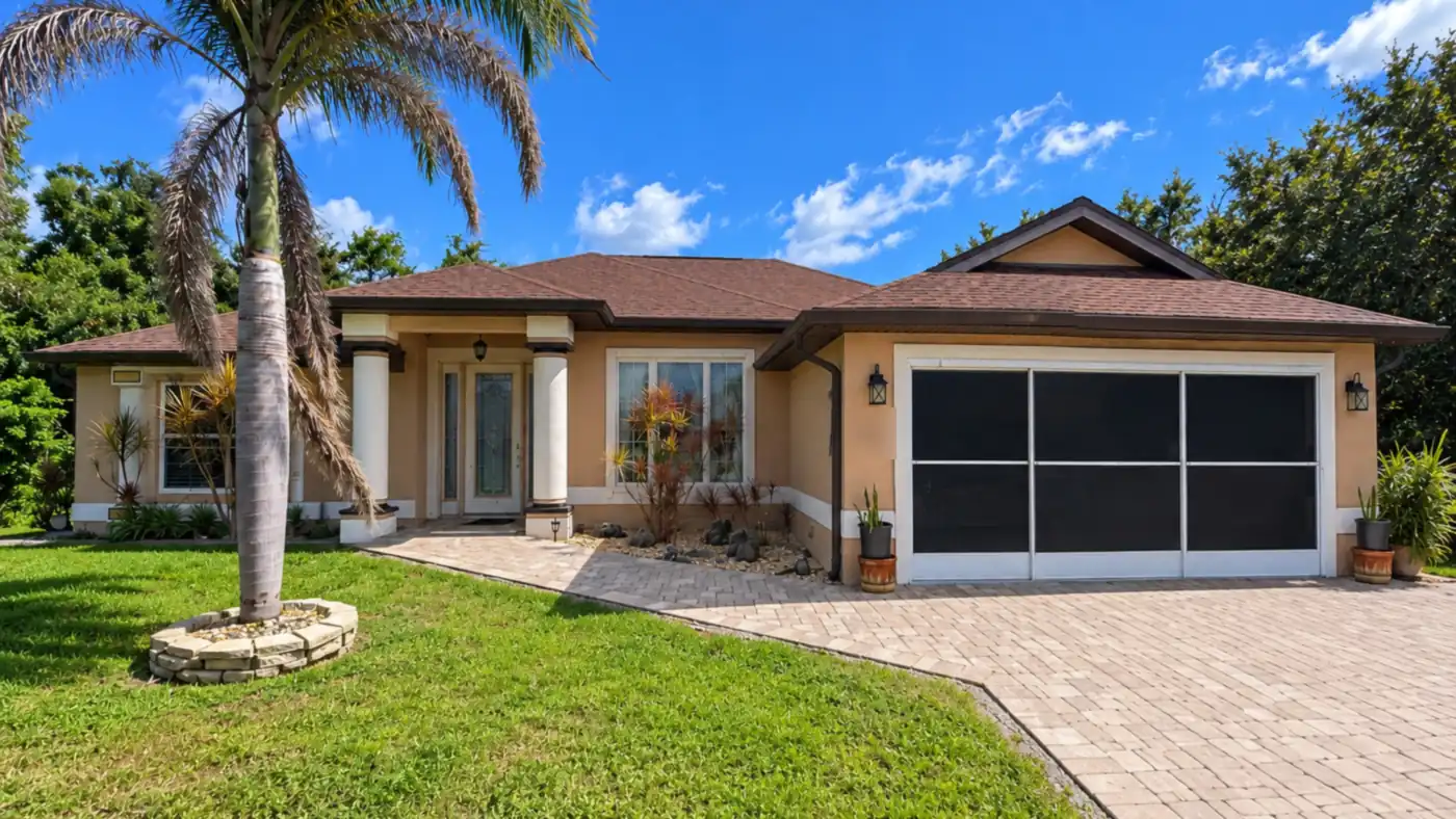 Port Charlotte, Florida home with a palm tree and paver driveway
